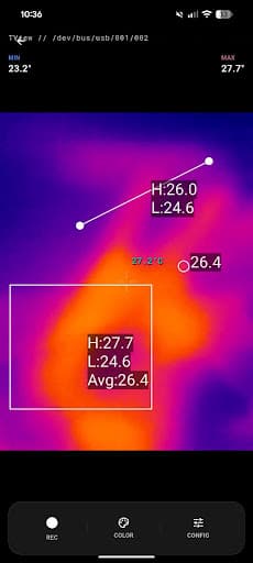 Live viewer with point, line, rectangle, and global thermal readings.
